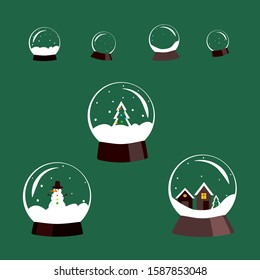 Winter snow globes illustrations set. Christmas seasonal stickers, patches pack. Glass balls with snowflakes, fir tree, snowman isolated on green background. New Year holidays design elements