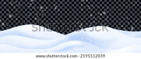 Winter snow ground, vector snowdrift mound, ice layer transparent background, frozen seamless border. White cold heap, blue realistic north hill, snowflakes storm. Winter snowdrift nature game scene 