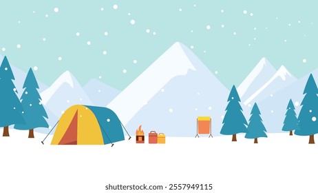 Winter Snow Holiday with Camping Camp Tent in Ice Mountain Nature Landscape with Pine Trees