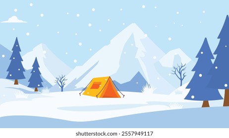 Winter Snow Holiday with Camping Camp Tent in Ice Mountain Nature Landscape with Pine Trees