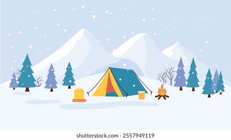 Winter Snow Holiday with Camping Camp Tent in Ice Mountain Nature Landscape with Pine Trees