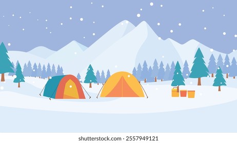 Winter Snow Holiday with Camping Camp Tent in Ice Mountain Nature Landscape with Pine Trees