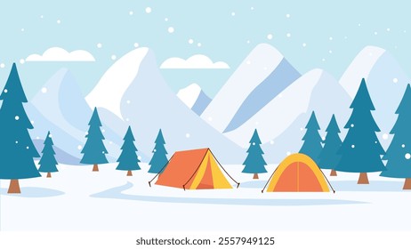 Winter Snow Holiday with Camping Camp Tent in Ice Mountain Nature Landscape with Pine Trees