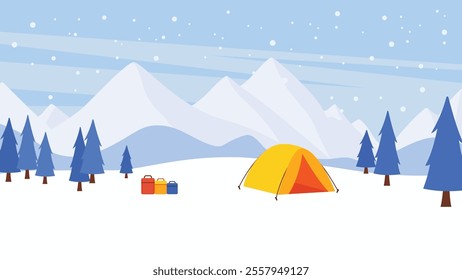 Winter Snow Holiday with Camping Camp Tent in Ice Mountain Nature Landscape with Pine Trees