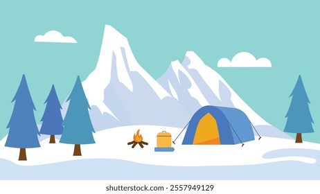 Winter Snow Holiday with Camping Camp Tent in Ice Mountain Nature Landscape with Pine Trees