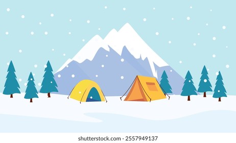 Winter Snow Holiday with Camping Camp Tent in Ice Mountain Nature Landscape with Pine Trees