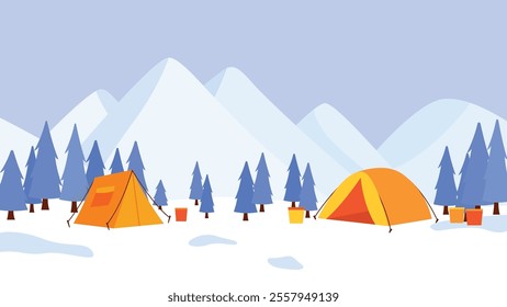 Winter Snow Holiday with Camping Camp Tent in Ice Mountain Nature Landscape with Pine Trees