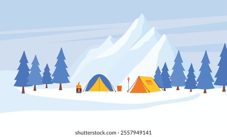 Winter Snow Holiday with Camping Camp Tent in Ice Mountain Nature Landscape with Pine Trees