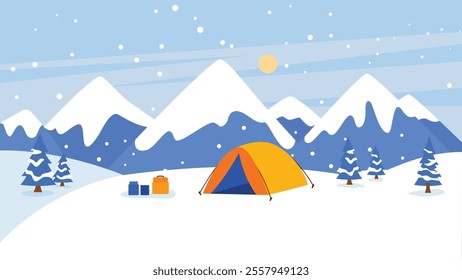 Winter Snow Holiday with Camping Tent in Ice Mountain Nature Landscape with Sun in Bright Sky