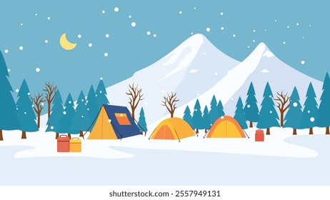 Winter Snow Holiday with Camping Tent in Ice Mountain Nature View with Crescent Moon in Blue Sky