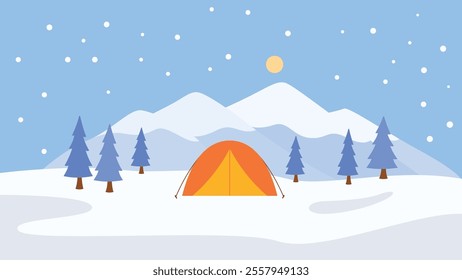 Winter Snow Holiday with Camping Tent in Ice Mountain Nature Landscape with Sun in Bright Sky