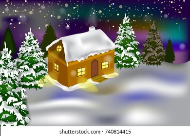 Winter snow house in the forest. World snow day greeting card. Vector of winter landscape