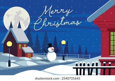 Winter snow and houses on vector background with snowflakes falling from sky. Christmas winter scenery of cold weather and village houses in town or village snowy hills and fields. NOT AI GENERATED.