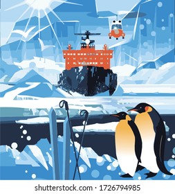 Winter, snow, ice, Antarctica, icebreaker, helicopter, penguins