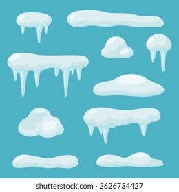 Conjunto de nieve y hielo de invierno: carámbanos, bolas de nieve, ventisqueros, pilas de nieve, Ilustración vectorial de decoraciones de Navidad sobre fondo azul.
