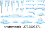 Winter snow and icicles vector set with frozen roof borders, snowdrifts and ice elements, cartoon clipart perfect for game UI, website banners, seasonal headers and holiday designs.