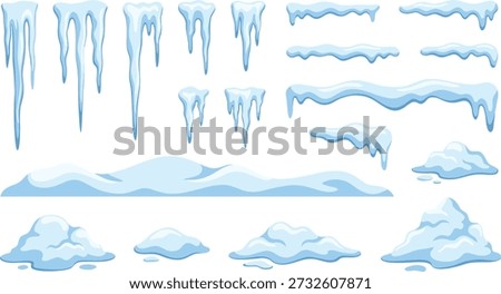 Winter snow and icicles vector set with frozen roof borders, snowdrifts and ice elements, cartoon clipart perfect for game UI, website banners, seasonal headers and holiday designs.