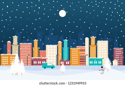 Winter Snow Illustration City Building Skyline Landscape