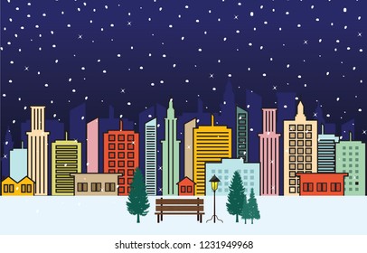 Winter Snow Illustration City Building Skyline Landscape