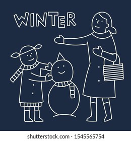 Winter Snow Illustration. Mother and Daughter Makes A Snowman. Winter Holiday. Vector Illustration.