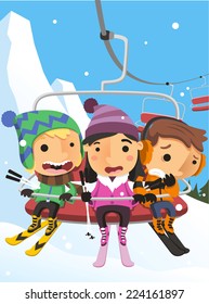 Winter Snow Kids On Ski Lift Steel Cable Cabin Vector Illustration Cartoon.