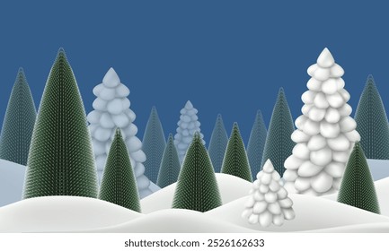 Winter snow landscape. 3d christmas pine forest vector. Blue xmas night snowfall new year scene. Abstract noel greeting card design. Decorated fir trees with golden ball garland. Ice frozen snowdrifts