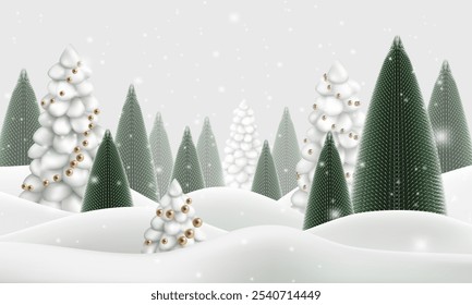 Winter snow landscape. 3d christmas pine forest vector. Blue xmas night snowfall new year scene. Abstract noel greeting card design. Decorated fir trees with golden ball garland. Ice frozen snowdrifts