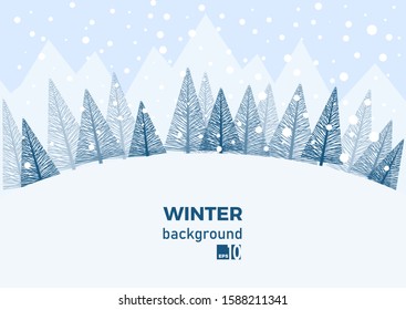 winter snow landscape background with fir trees. Illustration for poster, cover or advertising