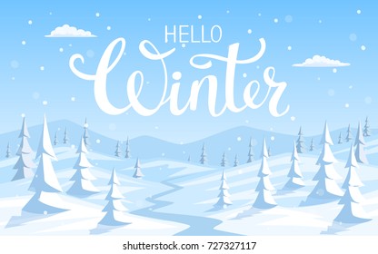 winter snow landscape background with pine trees