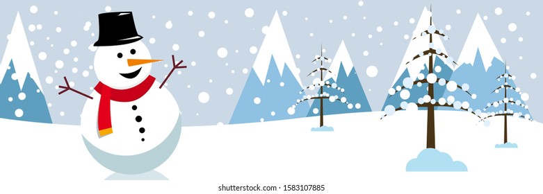 winter snow landscape banner background with fir trees and snowman. Illustration for poster, cover or advertising