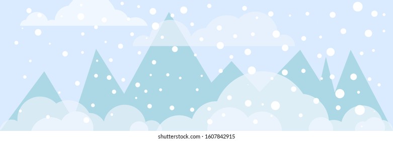 winter snow landscape banner background with mountains and clouds. Illustration for poster, cover or advertising
