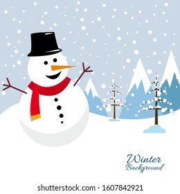 winter snow landscape banner background with fir trees and snowman. Illustration for poster, cover or advertising