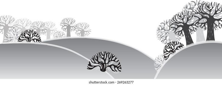 Winter snow landscape with branched old trees without leaves