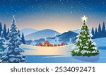 Winter snow landscape and houses with christmas tree. concept for greeting or postal card. Winter snow landscape and houses with snowflakes falling from sky. vector illustration.