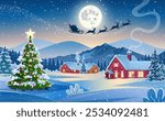 Winter snow landscape and houses with christmas tree. concept for greeting or postal card. background with moon and the silhouette of Santa Claus flying on a sleigh. vector illustration.