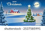 Winter snow landscape and houses with christmas tree and snowman. concept for greeting or postal card. Winter snow landscape and houses with snowflakes falling from sky. vector illustration.