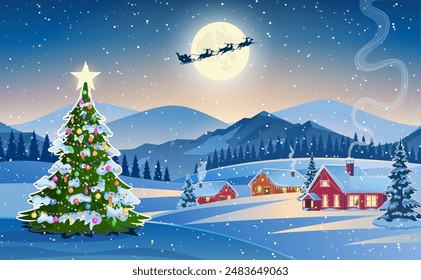 Winter snow landscape and houses with christmas tree. concept for greeting or postal card. background with moon and the silhouette of Santa Claus flying on a sleigh. vector illustration.