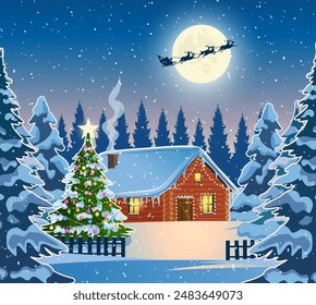 Paisaje nevado invernal y casas con árbol de navidad. Concepto para saludo o postal. Fondo con luna y la silueta de Papá Noel volando en un trineo. Ilustración vectorial.