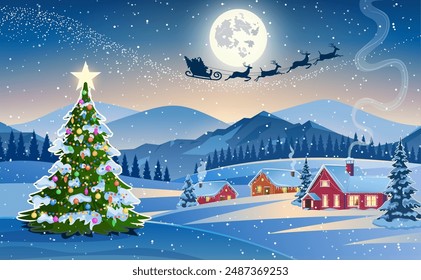 Winter snow landscape and houses with christmas tree. concept for greeting or postal card. background with moon and the silhouette of Santa Claus flying on a sleigh. vector illustration.