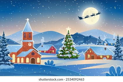 Winter snow landscape and houses with christmas tree. concept for greeting or postal card. background with moon and the silhouette of Santa Claus flying on a sleigh. vector illustration.