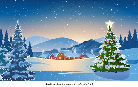 Paisagem de neve de inverno e casas com árvore de Natal. conceito para saudações ou cartão postal. paisagem de neve de inverno e casas com flocos de neve caindo do céu. ilustração vetorial.