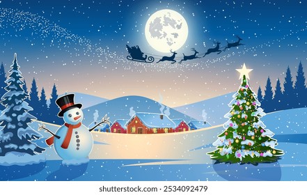 Winter snow landscape and houses with christmas tree and snowman. concept for greeting or postal card. Winter snow landscape and houses with snowflakes falling from sky. vector illustration.