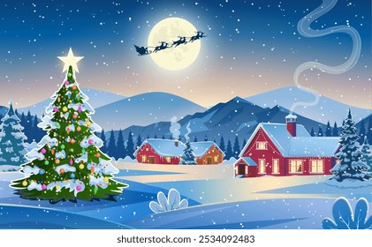 Winter snow landscape and houses with christmas tree. concept for greeting or postal card. background with moon and the silhouette of Santa Claus flying on a sleigh. vector illustration.