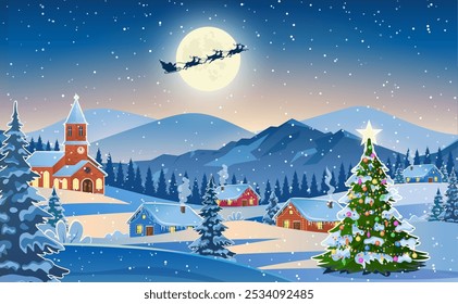 Winterschneelandschaft und Häuser mit Weihnachtsbaum. Konzept für Gruß- oder Postkarte. Hintergrund mit Mond und die Silhouette des Weihnachtsmannes fliegen auf einem Schlitten. Vektorgrafik.