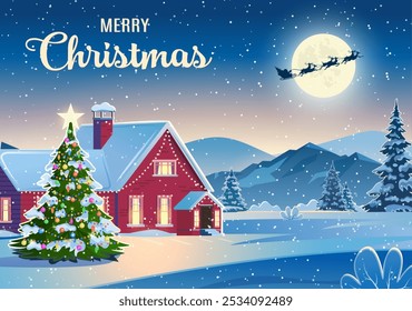 Winter snow landscape and houses with christmas tree and snowman. concept for greeting or postal card. Winter snow landscape and houses with snowflakes falling from sky. vector illustration.