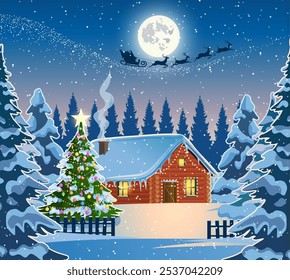 Winter snow landscape and houses with christmas tree. concept for greeting or postal card. background with moon and the silhouette of Santa Claus flying on a sleigh. vector illustration.