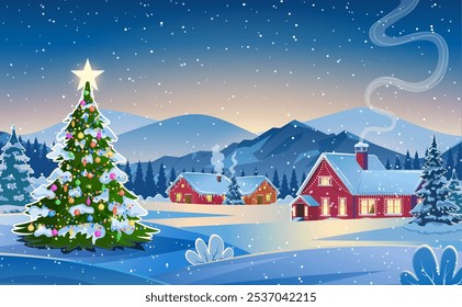 Winter snow landscape and houses with christmas tree. concept for greeting or postal card. Winter snow landscape and houses with snowflakes falling from sky. vector illustration.