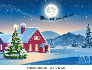 Winter snow landscape and houses with christmas tree. concept for greeting or postal card. background with moon and the silhouette of Santa Claus flying on a sleigh. vector illustration.