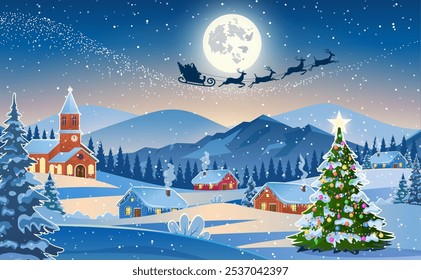 Winter snow landscape and houses with christmas tree. concept for greeting or postal card. background with moon and the silhouette of Santa Claus flying on a sleigh. vector illustration.