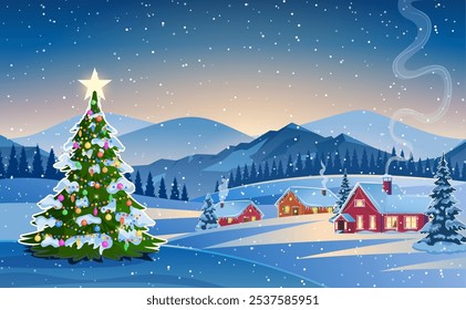 Winter snow landscape and houses with christmas tree. concept for greeting or postal card. Winter snow landscape and houses with snowflakes falling from sky. vector illustration.